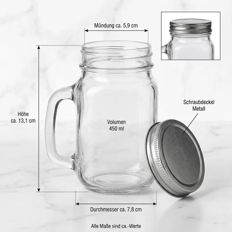 gouveo 12er Set Trinkglas 450 ml (0,45 l) mit Henkel und Deckel mit Schraubdeckel silberfarben – hohe Serviergläser für Wasser, Saft, Limonade, Eistee und Cocktails mit Abdeckung (TGH450S)