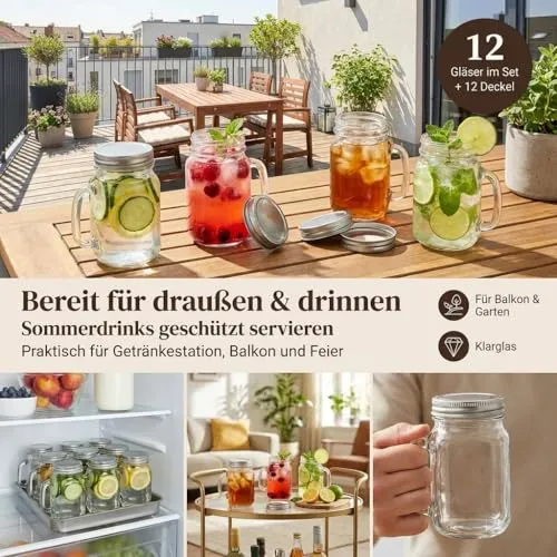 gouveo 12er Set Trinkglas 450 ml (0,45 l) mit Henkel und Deckel mit Schraubdeckel silberfarben – hohe Serviergläser für Wasser, Saft, Limonade, Eistee und Cocktails mit Abdeckung (TGH450S)