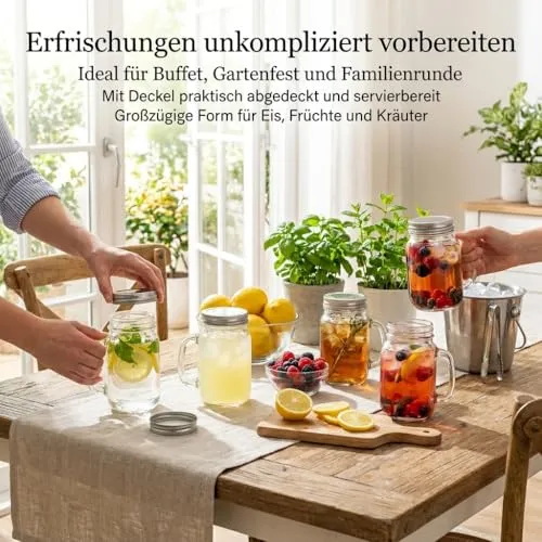 gouveo 12er Set Trinkglas 450 ml (0,45 l) mit Henkel und Deckel mit Schraubdeckel silberfarben – hohe Serviergläser für Wasser, Saft, Limonade, Eistee und Cocktails mit Abdeckung (TGH450S)