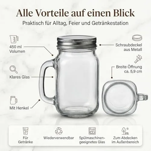gouveo 12er Set Trinkglas 450 ml (0,45 l) mit Henkel und Deckel mit Schraubdeckel silberfarben – hohe Serviergläser für Wasser, Saft, Limonade, Eistee und Cocktails mit Abdeckung (TGH450S)