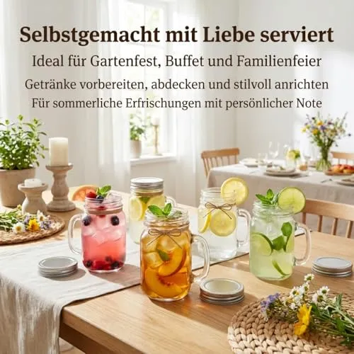 gouveo 12er Set Trinkglas 450 ml (0,45 l) mit Henkel und Deckel mit Schraubdeckel silberfarben – hohe Serviergläser für Wasser, Saft, Limonade, Eistee und Cocktails mit Abdeckung (TGH450S)