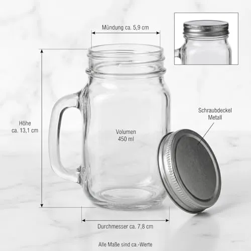 gouveo 12er Set Trinkglas 450 ml (0,45 l) mit Henkel und Deckel mit Schraubdeckel silberfarben – hohe Serviergläser für Wasser, Saft, Limonade, Eistee und Cocktails mit Abdeckung (TGH450S)