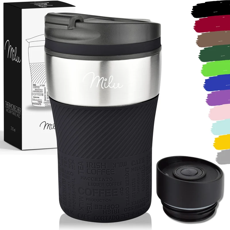 Milu Thermobecher Kaffee to go - 210ml - 100% Auslaufsicher – Isolierbecher, Kaffeebecher, Trinkbecher aus Edelstahl - Autobecher doppelwand Isolierung - Travel Mug (Schwarz)