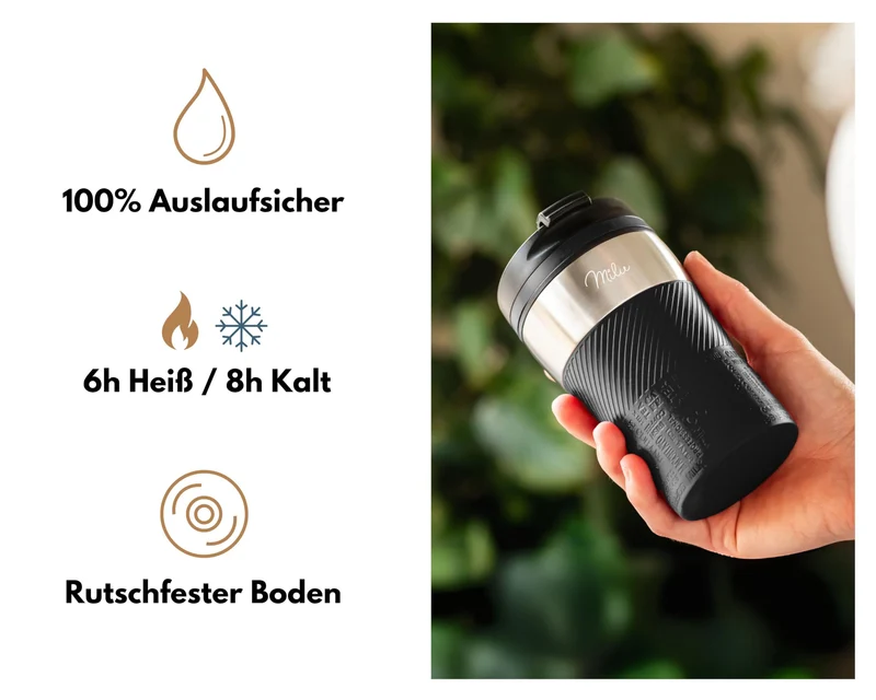 Milu Thermobecher Kaffee to go - 210ml - 100% Auslaufsicher – Isolierbecher, Kaffeebecher, Trinkbecher aus Edelstahl - Autobecher doppelwand Isolierung - Travel Mug (Schwarz)
