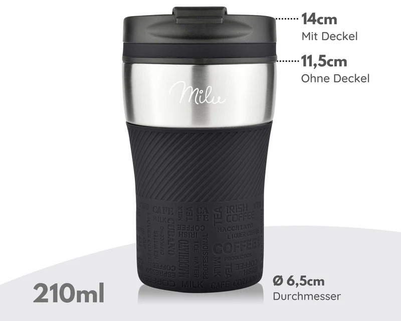 Milu Thermobecher Kaffee to go - 210ml - 100% Auslaufsicher – Isolierbecher, Kaffeebecher, Trinkbecher aus Edelstahl - Autobecher doppelwand Isolierung - Travel Mug (Schwarz)