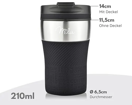 Milu Thermobecher Kaffee to go - 210ml - 100% Auslaufsicher – Isolierbecher, Kaffeebecher, Trinkbecher aus Edelstahl - Autobecher doppelwand Isolierung - Travel Mug (Schwarz)