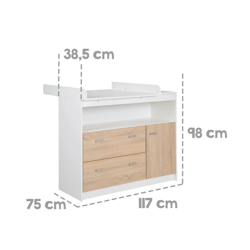 roba Wickelkommode mit Wickelansatz, 2 Schubladen, 1 Tür, 1 offenes Fach, weiß, Wickelhöhe: 90cm