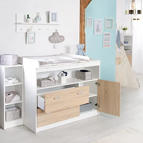 roba Wickelkommode mit Wickelansatz, 2 Schubladen, 1 Tür, 1 offenes Fach, weiß, Wickelhöhe: 90cm