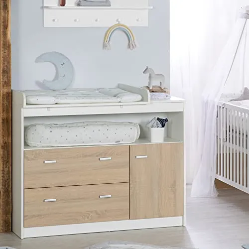 roba Wickelkommode mit Wickelansatz, 2 Schubladen, 1 Tür, 1 offenes Fach, weiß, Wickelhöhe: 90cm