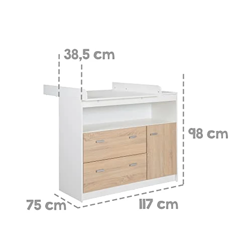 roba Wickelkommode mit Wickelansatz, 2 Schubladen, 1 Tür, 1 offenes Fach, weiß, Wickelhöhe: 90cm