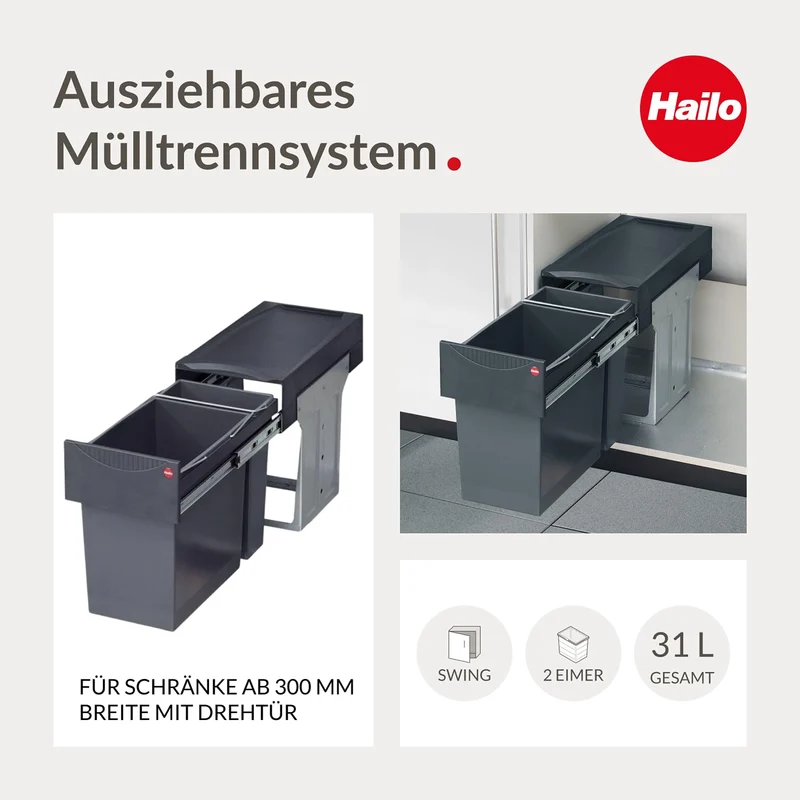 Hailo Abfallsammler Tandem 3666111 Einbau-Mülltrenner mit 2 Fächern - Küchen-Mülleimer zum Einbauen im Unterschrank - 24 + 7 L - Abfalleimer mit Vollauszug für Drehtür-Schränke ab 30 cm - Dunkelgrau