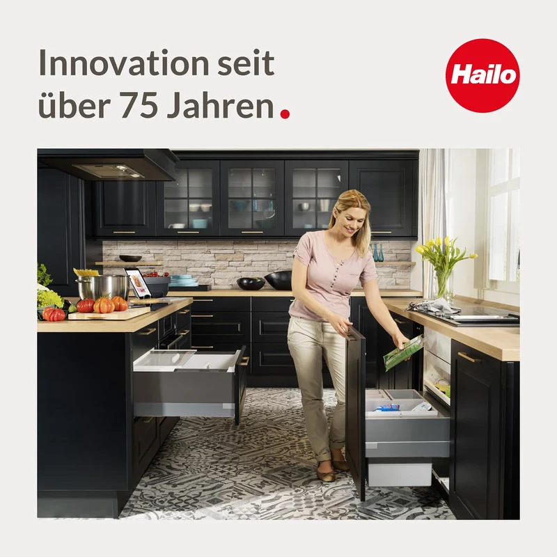 Hailo Abfallsammler Tandem 3666111 Einbau-Mülltrenner mit 2 Fächern - Küchen-Mülleimer zum Einbauen im Unterschrank - 24 + 7 L - Abfalleimer mit Vollauszug für Drehtür-Schränke ab 30 cm - Dunkelgrau