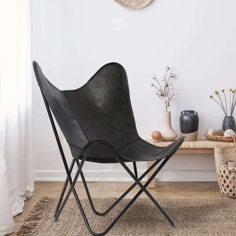 Butterfly-Sessel aus Echtleder, zusammenklappbar, ca. 92 cm, Schwarz