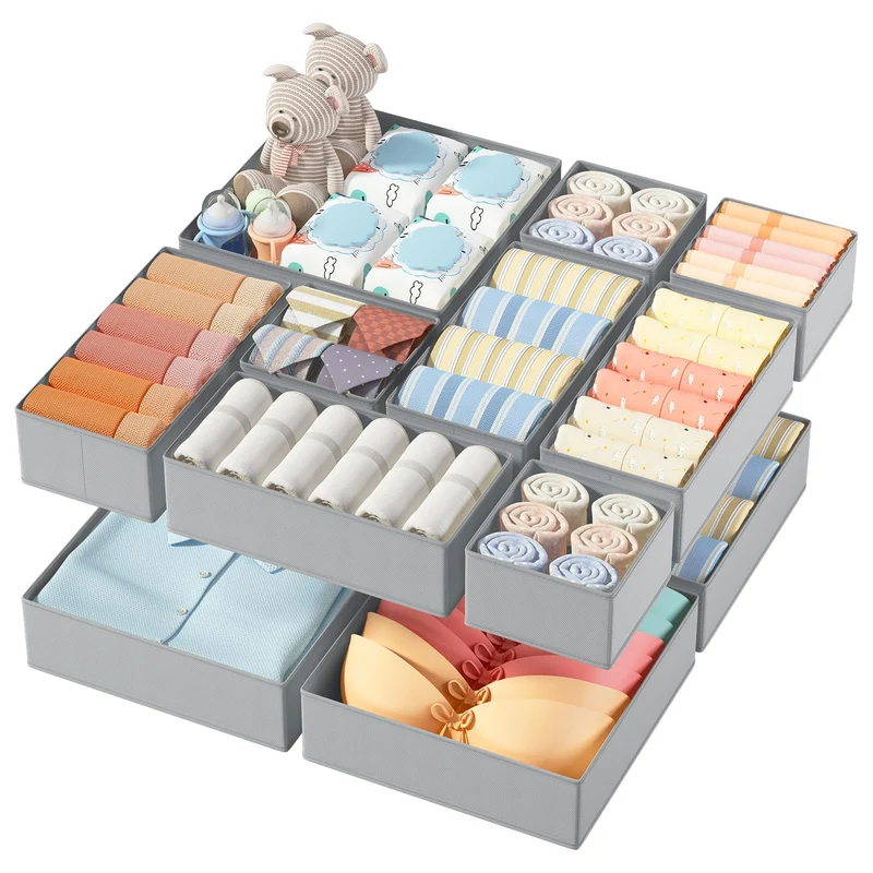 DIMJ 12er Schubladen Ordnungssystem Schubladen Organizer, Faltbare Aufbewahrungsbox Stoff, Unterwäsche Organizer, Organizer Kleiderschrank für Kleidung, BHS, Socken, Krawatten