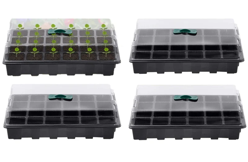 KAHEIGN 4Pcs Anzuchtschalen für Pflanzen, 24 Zellen Kunststoff Keimschalen Pflanzschalen mit verstellbaren Belüftungsöffnungen für Gewächshausgartenhaus (mit 4pcs Deckel und Sockel)