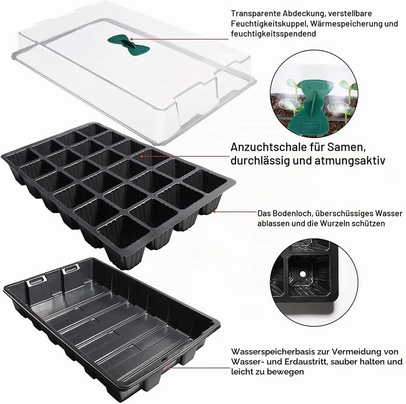 KAHEIGN 4Pcs Anzuchtschalen für Pflanzen, 24 Zellen Kunststoff Keimschalen Pflanzschalen mit verstellbaren Belüftungsöffnungen für Gewächshausgartenhaus (mit 4pcs Deckel und Sockel)