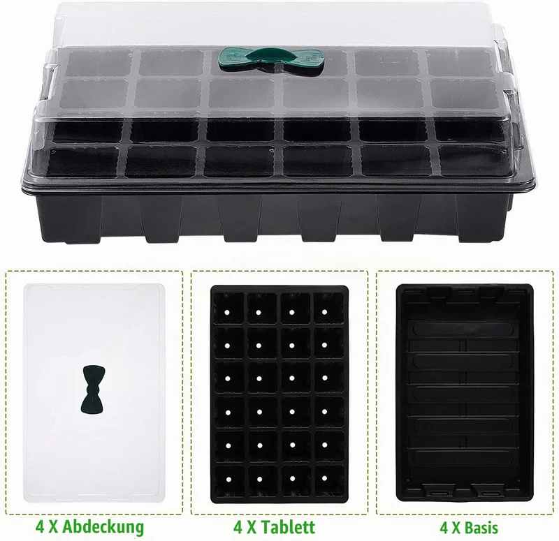 KAHEIGN 4Pcs Anzuchtschalen für Pflanzen, 24 Zellen Kunststoff Keimschalen Pflanzschalen mit verstellbaren Belüftungsöffnungen für Gewächshausgartenhaus (mit 4pcs Deckel und Sockel)