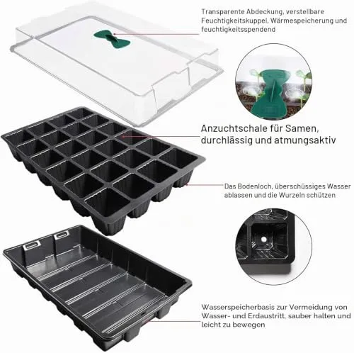 KAHEIGN 4Pcs Anzuchtschalen für Pflanzen, 24 Zellen Kunststoff Keimschalen Pflanzschalen mit verstellbaren Belüftungsöffnungen für Gewächshausgartenhaus (mit 4pcs Deckel und Sockel)
