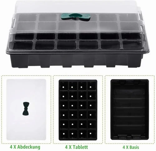 KAHEIGN 4Pcs Anzuchtschalen für Pflanzen, 24 Zellen Kunststoff Keimschalen Pflanzschalen mit verstellbaren Belüftungsöffnungen für Gewächshausgartenhaus (mit 4pcs Deckel und Sockel)