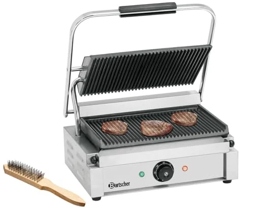 Bartscher Kontaktgrill Panini 1R – gerillte Gussplatten emailliert, 2,2 kW, Edelstahlgehäuse, für Gastronomie, mit Reinigungsbürste, silbergrau