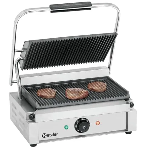 Bartscher Kontaktgrill Panini 1R – gerillte Gussplatten emailliert, 2,2 kW, Edelstahlgehäuse, für Gastronomie, mit Reinigungsbürste, silbergrau
