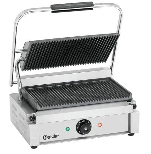 Bartscher Kontaktgrill Panini 1R – gerillte Gussplatten emailliert, 2,2 kW, Edelstahlgehäuse, für Gastronomie, mit Reinigungsbürste, silbergrau