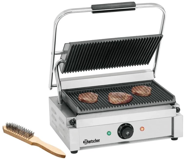 Bartscher Kontaktgrill Panini 1R – gerillte Gussplatten emailliert, 2,2 kW, Edelstahlgehäuse, für Gastronomie, mit Reinigungsbürste, silbergrau
