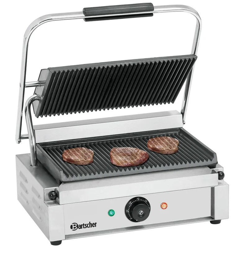 Bartscher Kontaktgrill Panini 1R – gerillte Gussplatten emailliert, 2,2 kW, Edelstahlgehäuse, für Gastronomie, mit Reinigungsbürste, silbergrau