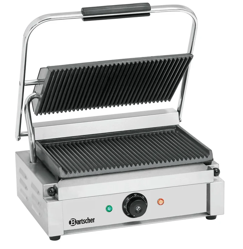 Bartscher Kontaktgrill Panini 1R – gerillte Gussplatten emailliert, 2,2 kW, Edelstahlgehäuse, für Gastronomie, mit Reinigungsbürste, silbergrau
