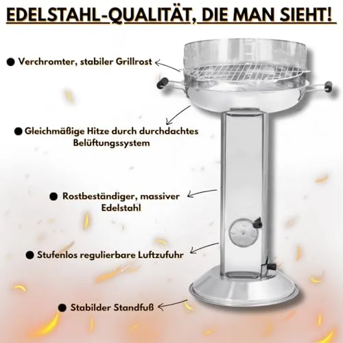 ACTIVA Holzkohlegrill Bavaria I Premium Holzkohle Grill aus Edelstahl mit hochwertigem & verchromtem Grillrost I Robuster Kohlegrill für ein einzigartiges Grillerlebnis