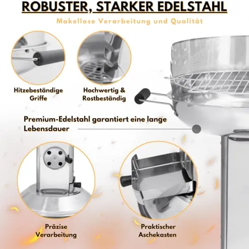 ACTIVA Holzkohlegrill Bavaria I Premium Holzkohle Grill aus Edelstahl mit hochwertigem & verchromtem Grillrost I Robuster Kohlegrill für ein einzigartiges Grillerlebnis