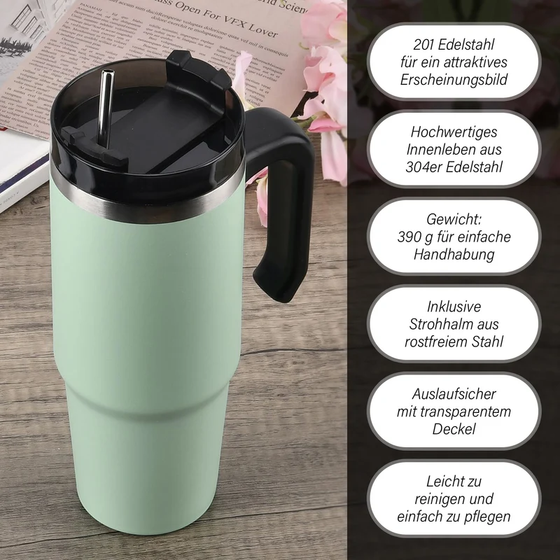 316L Edelstahl Thermobecher 887ml mit Strohhalm, Grün