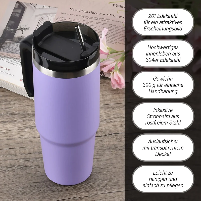 316L Edelstahl Thermobecher 887ml mit Strohhalm, Grün