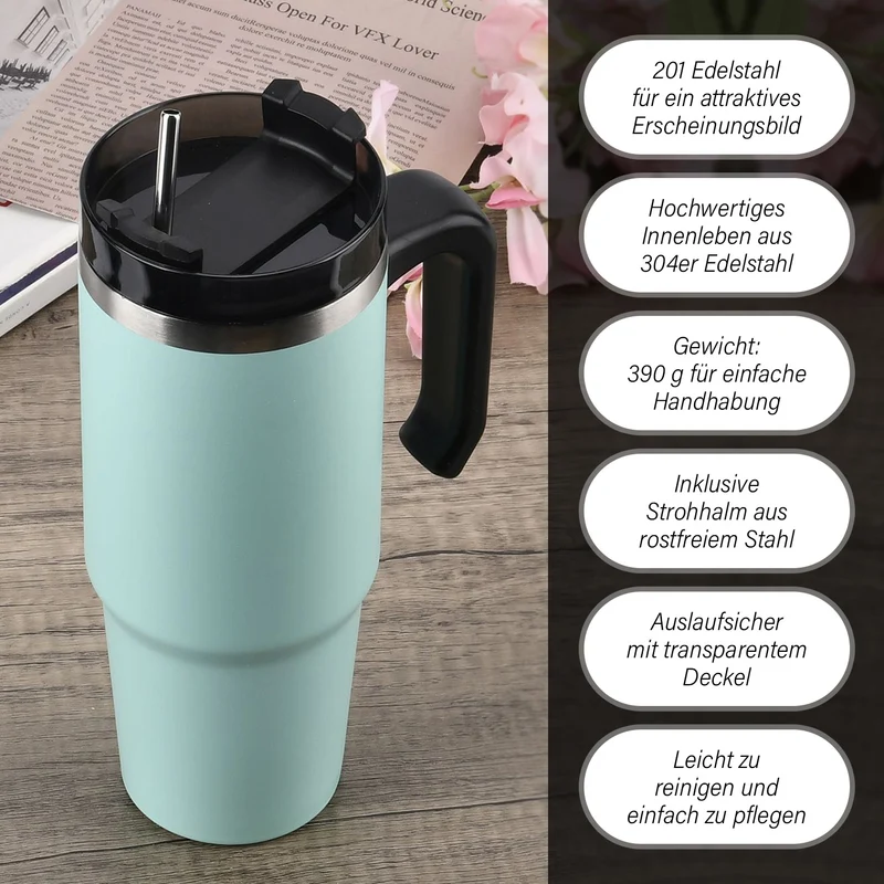 316L Edelstahl Thermobecher 887ml mit Strohhalm, Grün