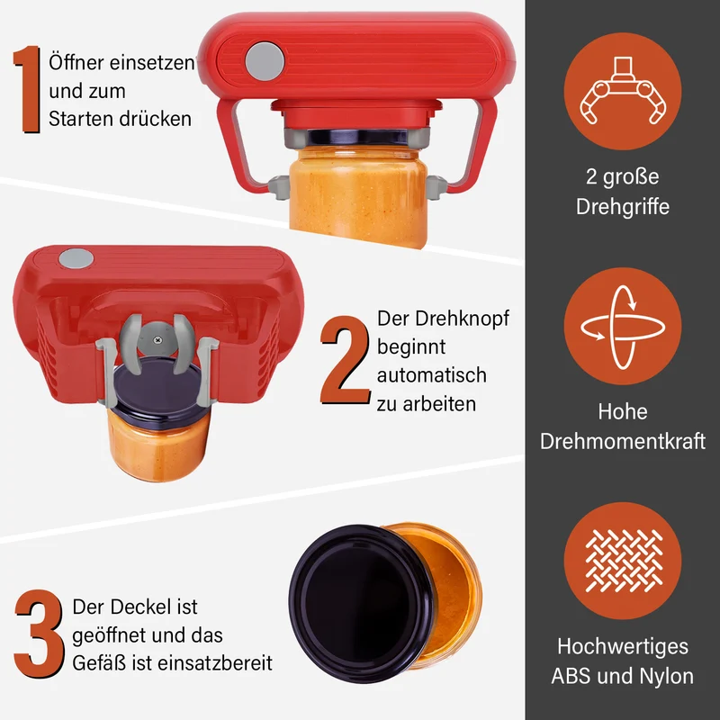 Elektrischer Glasöffner - Kompatibel mit verschiedenen Deckeln, 17 x 6,6 x 10,5 cm, Rot