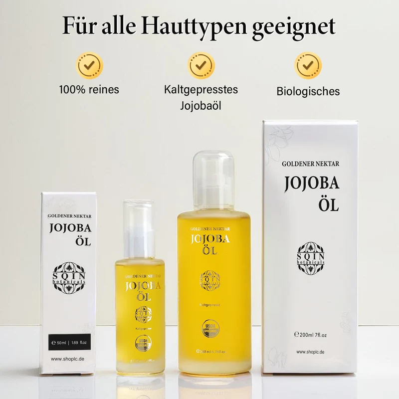 SQIN Botanicals Kaltgepresstes goldenes Nektar Jojobaöl, reines Pflegeöl, 50ml
