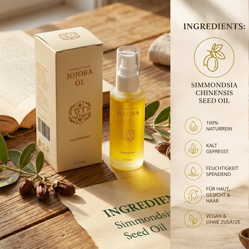 SQIN Botanicals Kaltgepresstes goldenes Nektar Jojobaöl, reines Pflegeöl, 50ml
