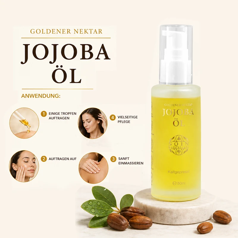 SQIN Botanicals Kaltgepresstes goldenes Nektar Jojobaöl, reines Pflegeöl, 50ml