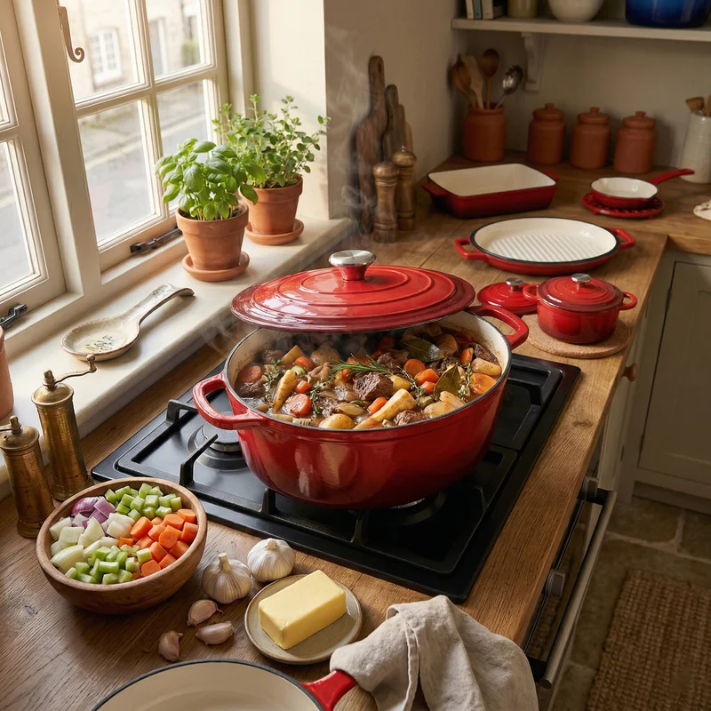 LIVMORE - 9-teiliges Gourmet-Set aus Gusseisen: Topf 20 cm, Dual-Topf 26, ovaler Bräter 28 x 22, Bräter 30 x 21, Pfanne 16, Untersetzer, Rot