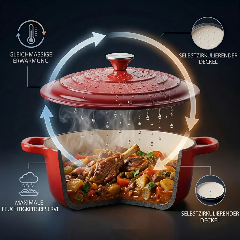 LIVMORE - 9-teiliges Gourmet-Set aus Gusseisen: Topf 20 cm, Dual-Topf 26, ovaler Bräter 28 x 22, Bräter 30 x 21, Pfanne 16, Untersetzer, Rot