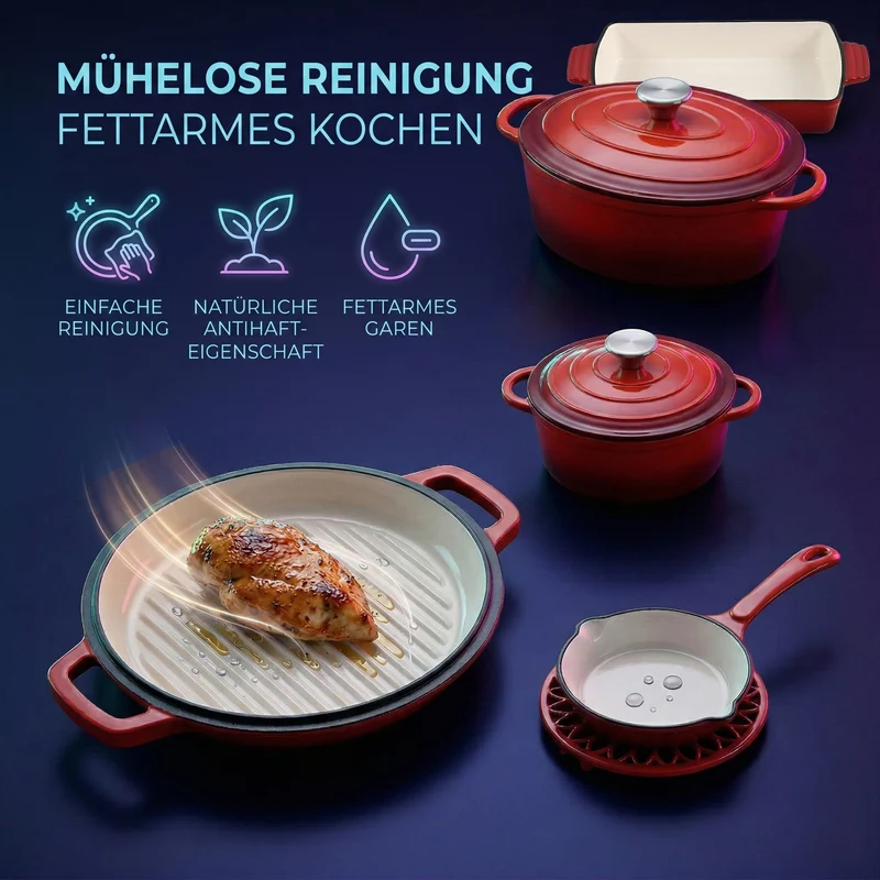 LIVMORE - 9-teiliges Gourmet-Set aus Gusseisen: Topf 20 cm, Dual-Topf 26, ovaler Bräter 28 x 22, Bräter 30 x 21, Pfanne 16, Untersetzer, Rot