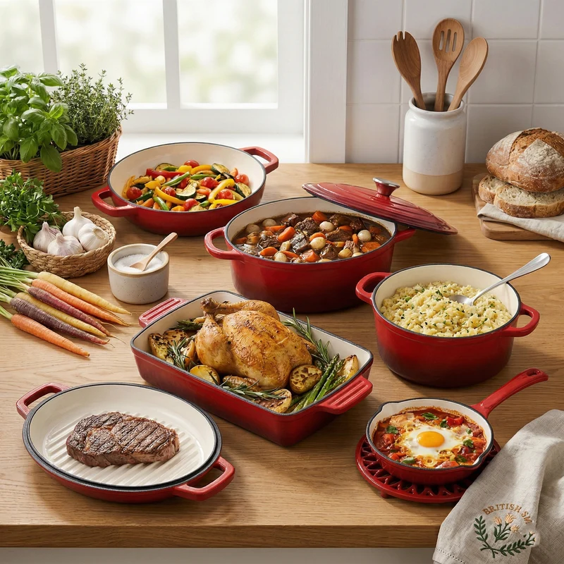 LIVMORE - 9-teiliges Gourmet-Set aus Gusseisen: Topf 20 cm, Dual-Topf 26, ovaler Bräter 28 x 22, Bräter 30 x 21, Pfanne 16, Untersetzer, Rot