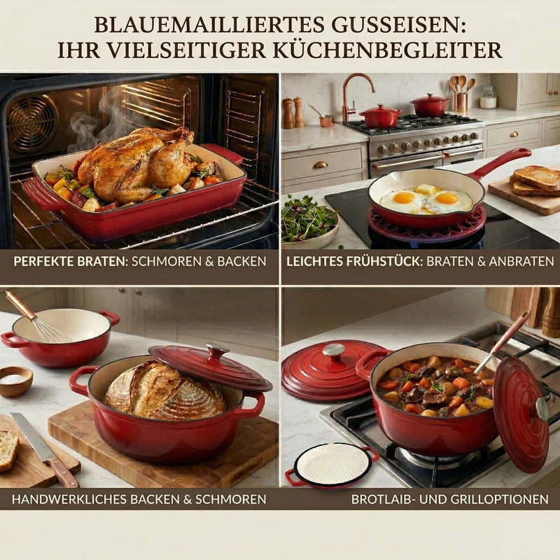 LIVMORE - 9-teiliges Gourmet-Set aus Gusseisen: Topf 20 cm, Dual-Topf 26, ovaler Bräter 28 x 22, Bräter 30 x 21, Pfanne 16, Untersetzer, Rot