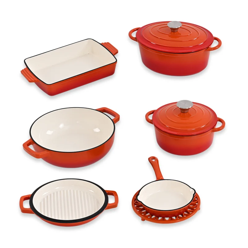 LIVMORE - 9-teiliges Gourmet-Set aus Gusseisen: Topf 20 cm, Dual-Topf 26, ovaler Bräter 28 x 22, Bräter 30 x 21, Pfanne 16, Untersetzer, Rot