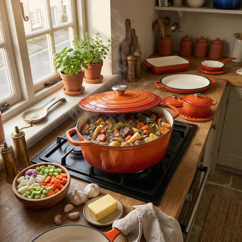 LIVMORE - 9-teiliges Gourmet-Set aus Gusseisen: Topf 20 cm, Dual-Topf 26, ovaler Bräter 28 x 22, Bräter 30 x 21, Pfanne 16, Untersetzer, Rot