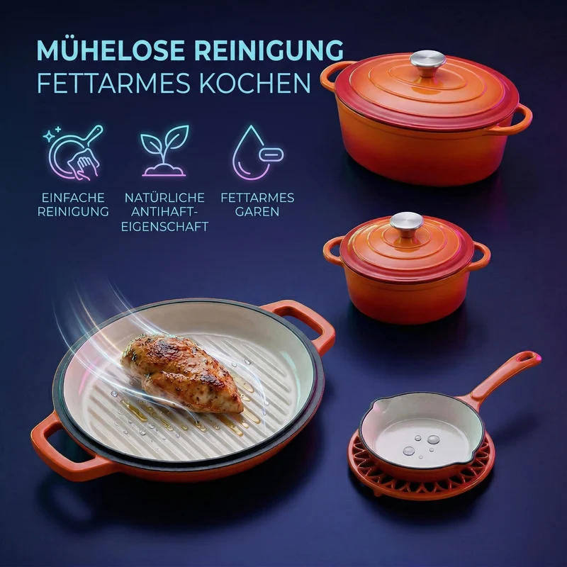 LIVMORE - 9-teiliges Gourmet-Set aus Gusseisen: Topf 20 cm, Dual-Topf 26, ovaler Bräter 28 x 22, Bräter 30 x 21, Pfanne 16, Untersetzer, Rot