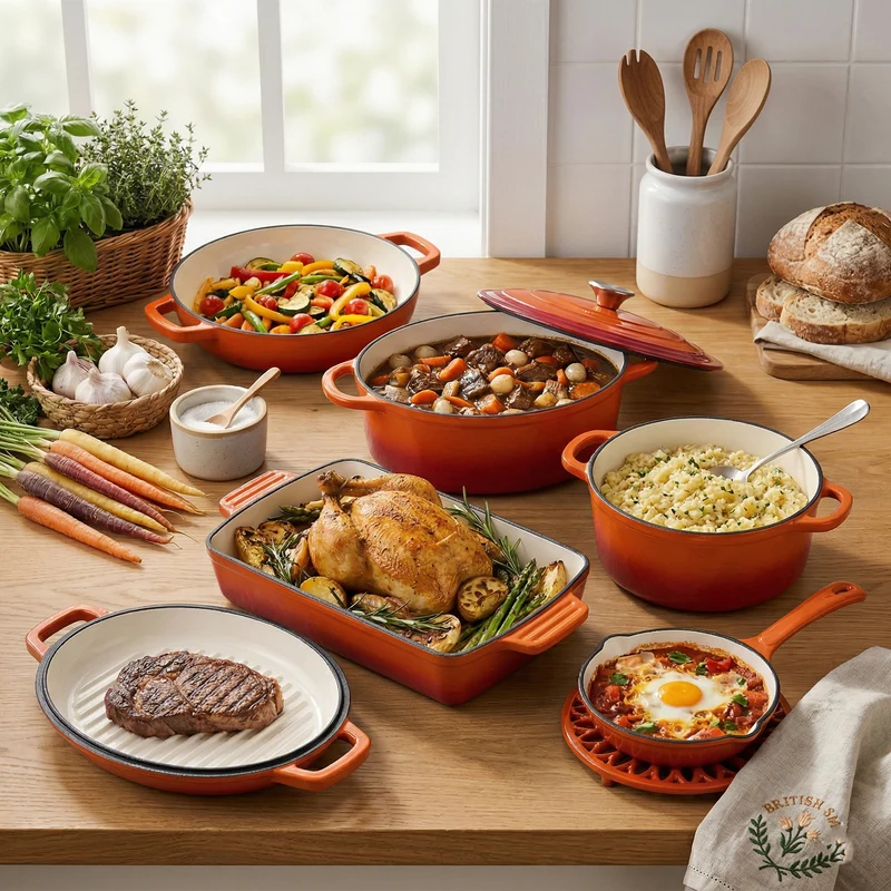 LIVMORE - 9-teiliges Gourmet-Set aus Gusseisen: Topf 20 cm, Dual-Topf 26, ovaler Bräter 28 x 22, Bräter 30 x 21, Pfanne 16, Untersetzer, Rot