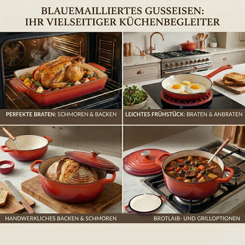 LIVMORE - 9-teiliges Gourmet-Set aus Gusseisen: Topf 20 cm, Dual-Topf 26, ovaler Bräter 28 x 22, Bräter 30 x 21, Pfanne 16, Untersetzer, Rot