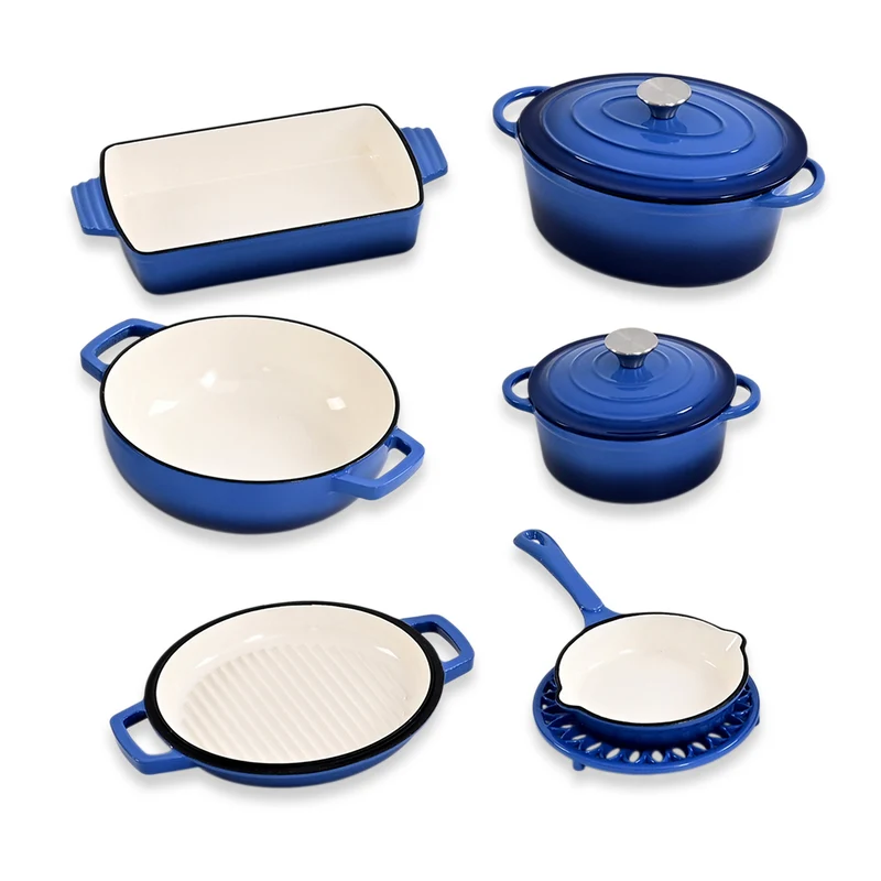 LIVMORE - 9-teiliges Gourmet-Set aus Gusseisen: Topf 20 cm, Dual-Topf 26, ovaler Bräter 28 x 22, Bräter 30 x 21, Pfanne 16, Untersetzer, Rot