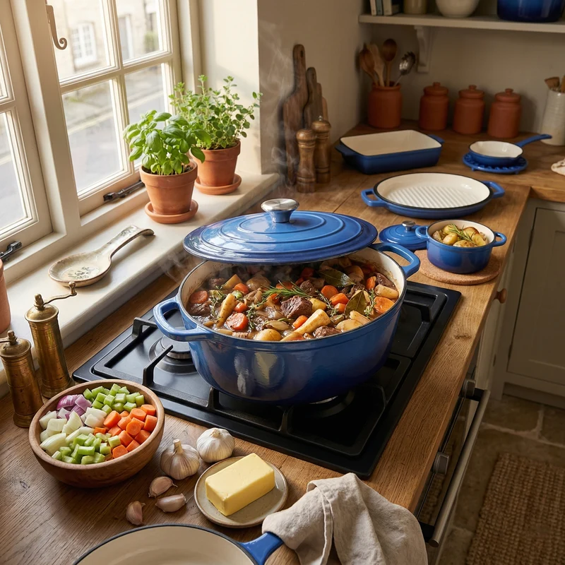LIVMORE - 9-teiliges Gourmet-Set aus Gusseisen: Topf 20 cm, Dual-Topf 26, ovaler Bräter 28 x 22, Bräter 30 x 21, Pfanne 16, Untersetzer, Rot